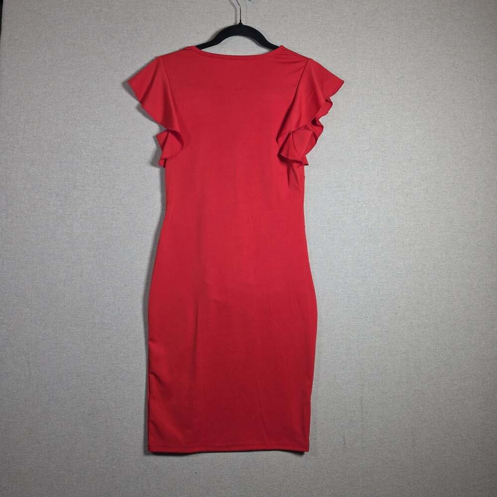 Red Midi Dress Ruched V-Neck Ruffle Sleeve Bodycon Stretch Pullover Sz S - Picture 8 of 11